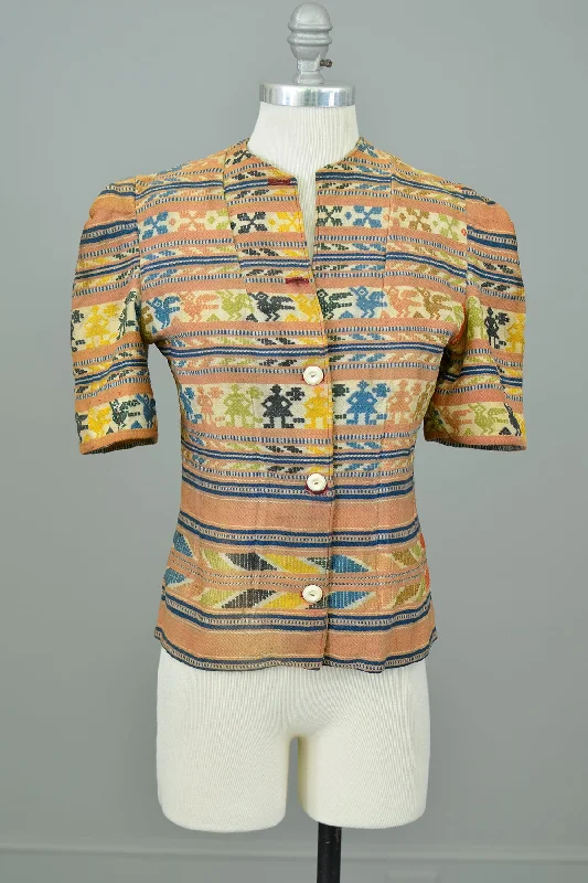 1930s Hand Woven People + Birds Puff Sleeve Jacket | As is needs work