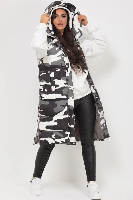 Camouflage Longline Puffer Gilet Grey