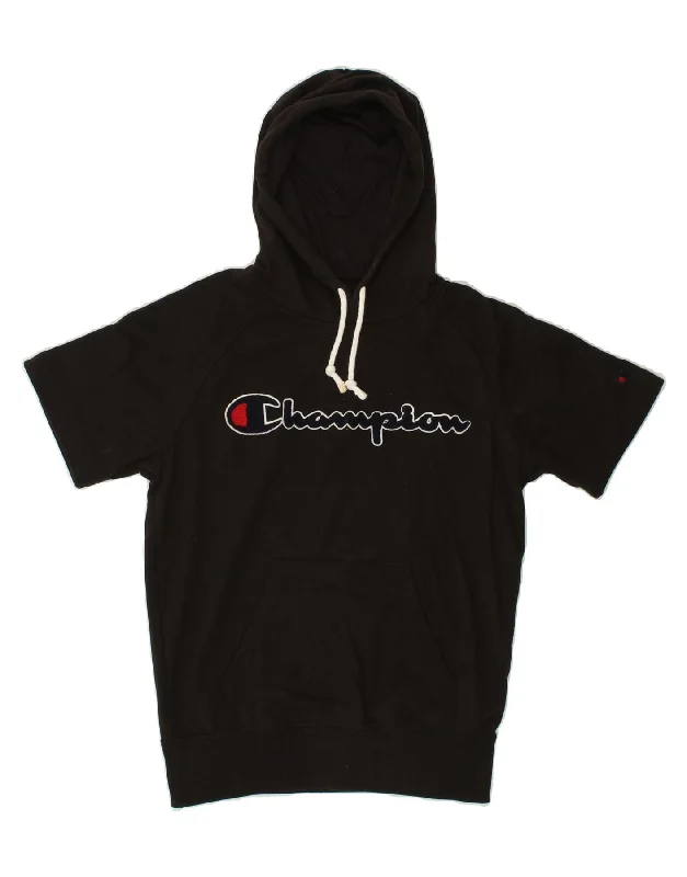 CHAMPION Womens Oversized Graphic Short Sleeve Hoodie Jumper UK 6 XS Black