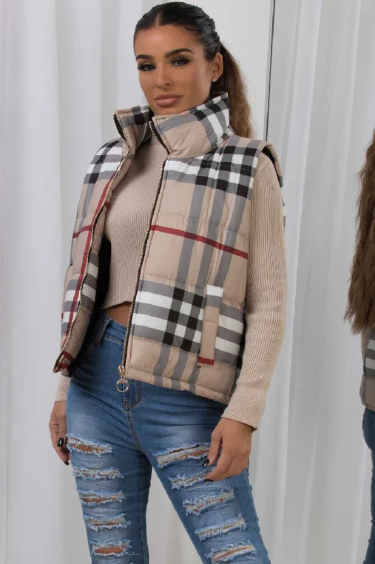 Crop Puffer Gilet Beige Check