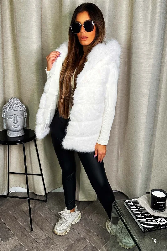 Faux Fur Hooded Gilet White