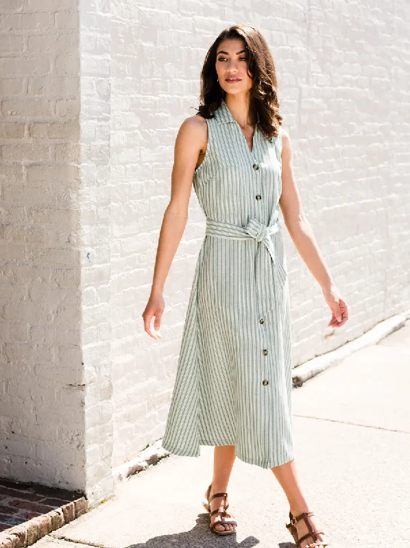 Maddison Button Front Dress in Green Stripe