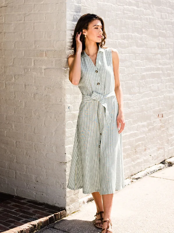 Maddison Button Front Dress in Green Stripe