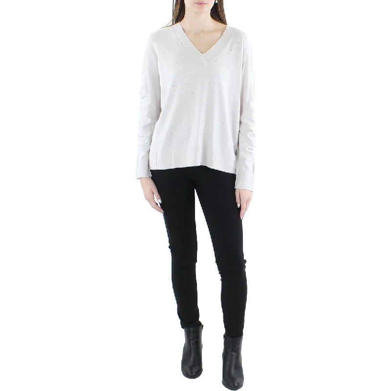 Nic + Zoe Womens Relaxed Embellished Ribbed Trim V-Neck Sweater