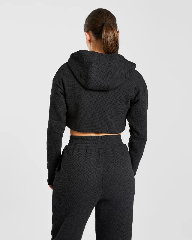 Waffle Crop Hoodie - Black