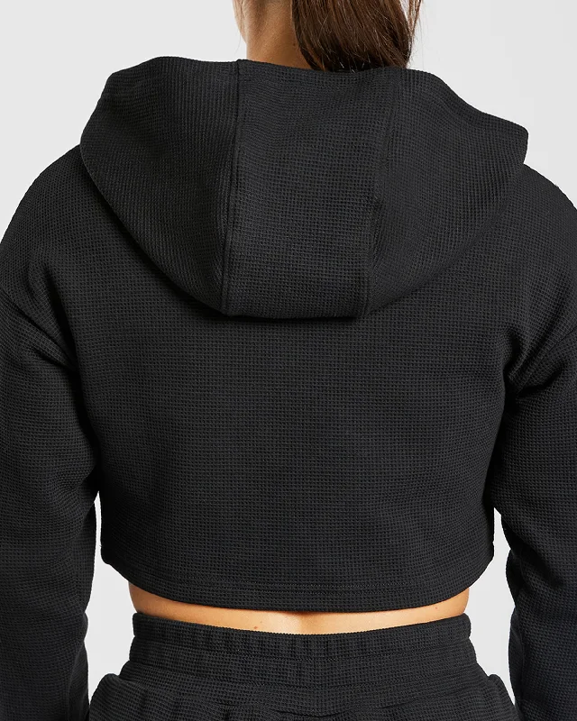 Waffle Crop Hoodie - Black