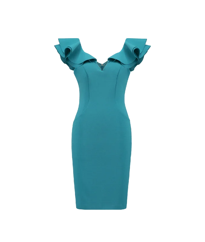 Ruffle Shoulder Semi-fitted Dress Style - Blue