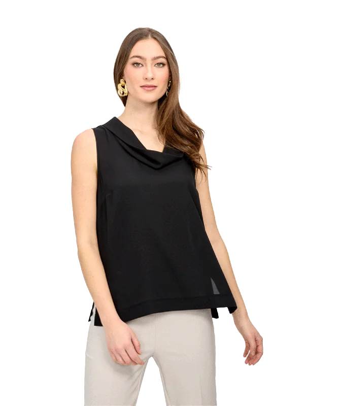 Draped Neck Sleeveless Top Style - Black