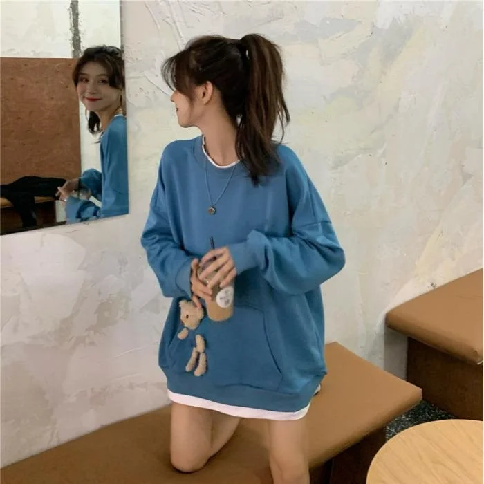 Women's Kawaii Pure Color Bear Doll Pocket Loose Sweaters 