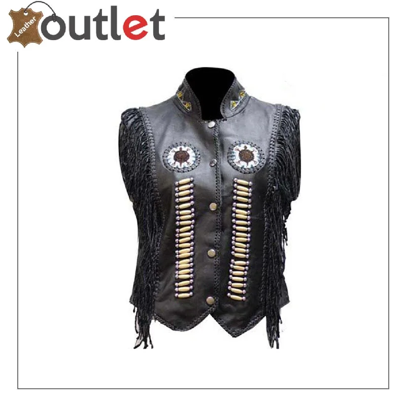 Womens Leather Vest With Nylon Lining Bone & Beads