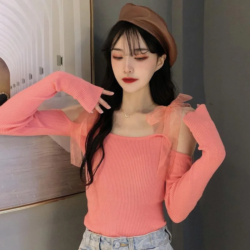 Women's Sweet Mesh Bowknot Slip Fitted Knitted Tops