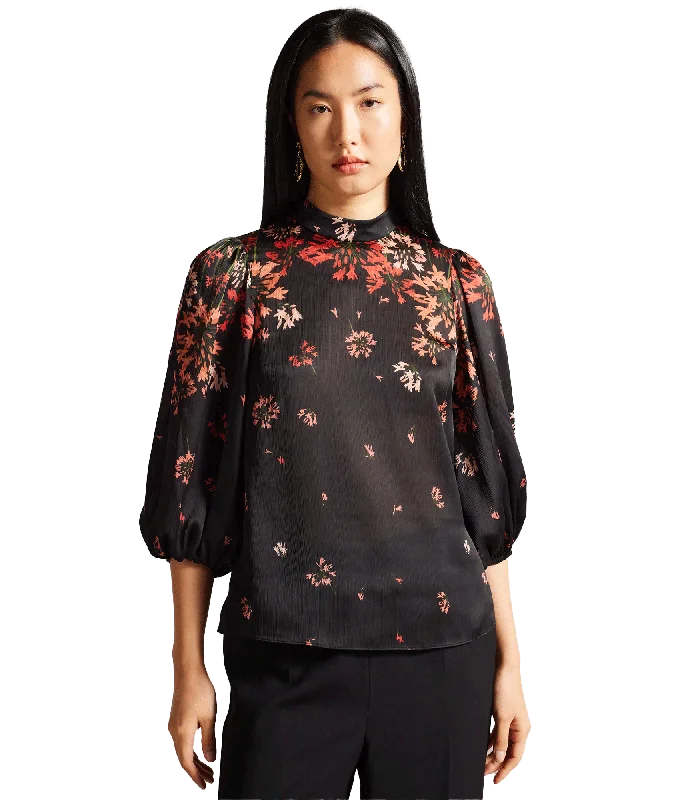 High Neck Balloon Sleeve Blouse - Black