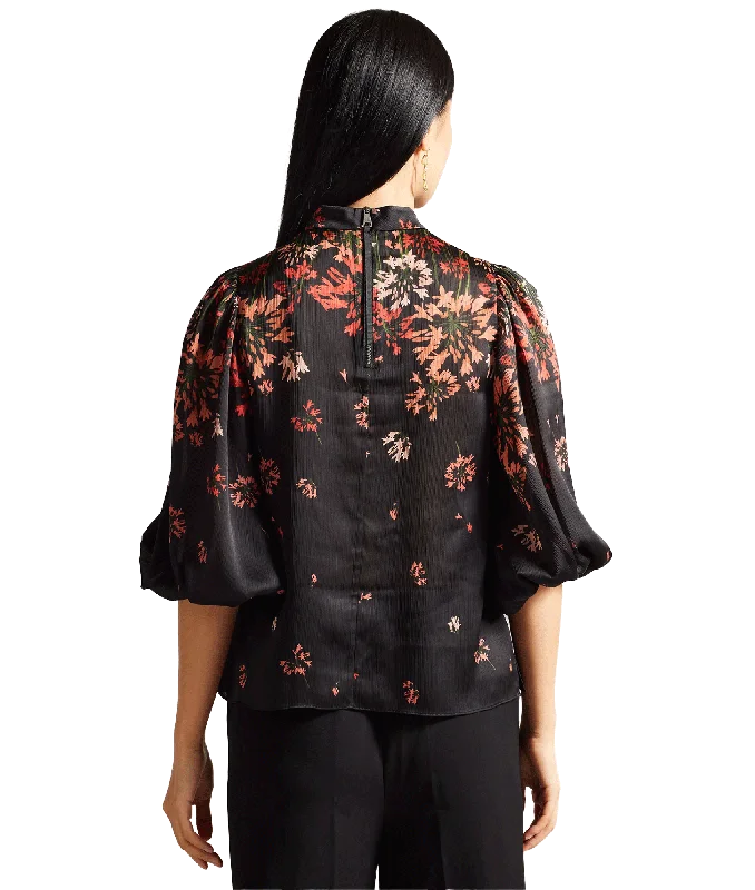 High Neck Balloon Sleeve Blouse - Black