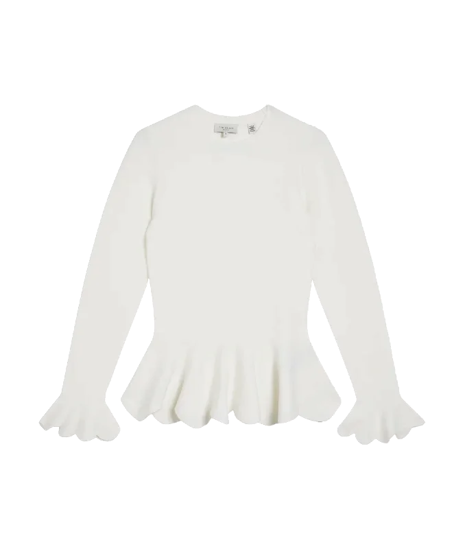 Lillyyy Long Sleeve Scalloped Peplum Top - White