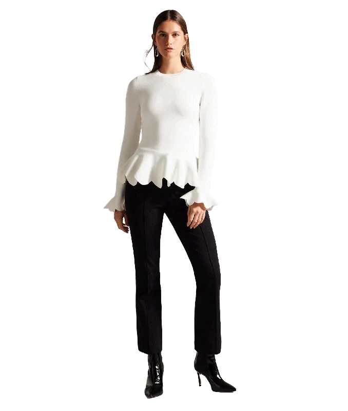 Lillyyy Long Sleeve Scalloped Peplum Top - White