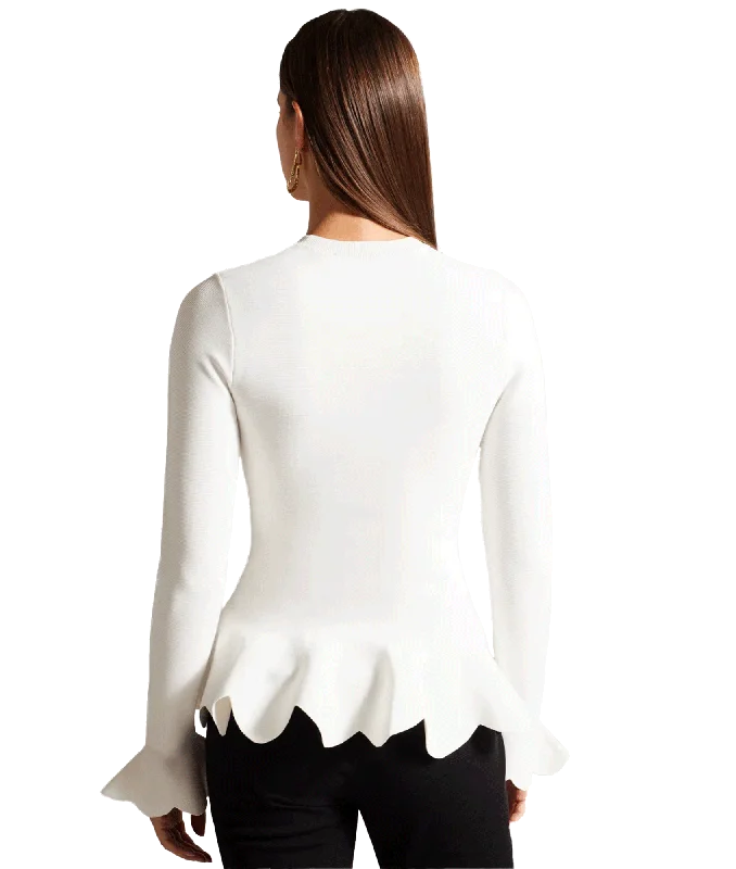 Lillyyy Long Sleeve Scalloped Peplum Top - White