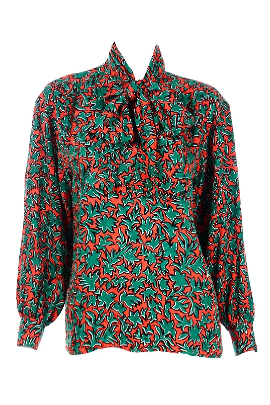 1980s Yves Saint Laurent Orange and Green Leaf Print Silk Blouse with Sash