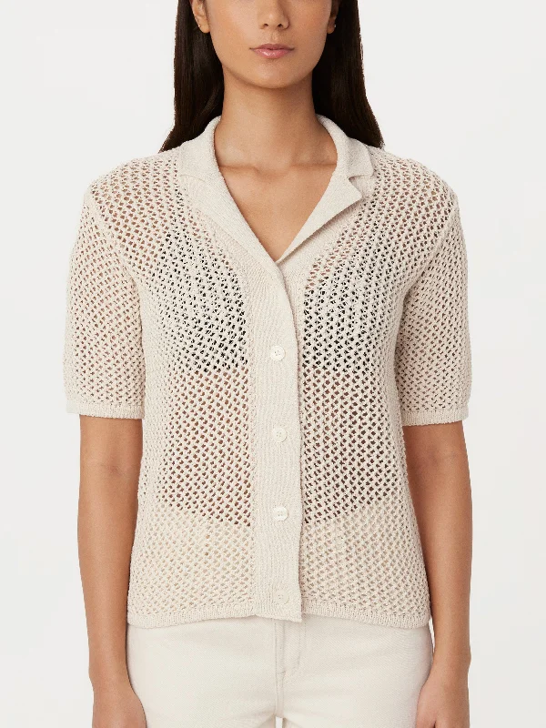 The Crochet Camp Collar Knit Shirt in Oatmeal