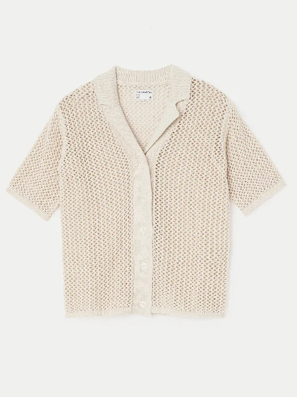 The Crochet Camp Collar Knit Shirt in Oatmeal