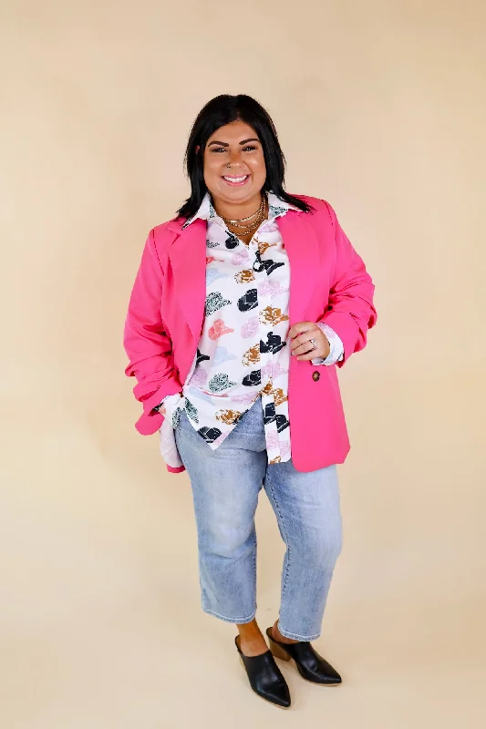 Editors Choice 3/4 Sleeve Double Button Blazer in Hot Pink