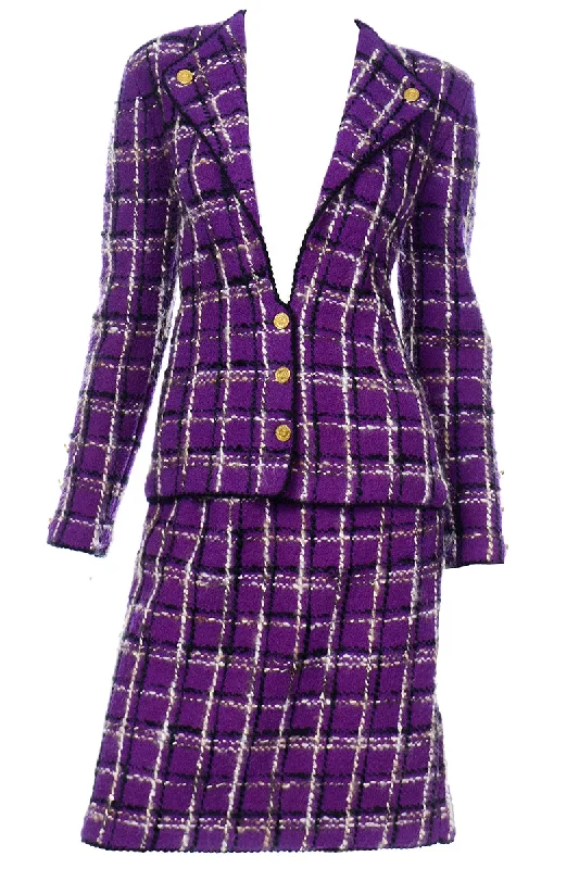 Adolfo Vintage Purple Plaid Knit Jacket & Skirt Suit I Magnin