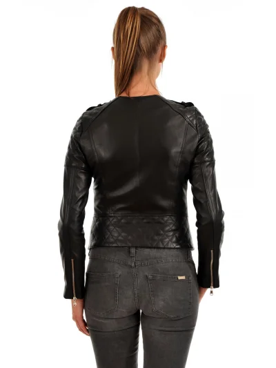 Black Women’s Biker Lapel Collar Leather Jacket