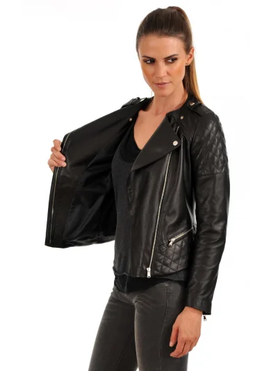 Black Women’s Biker Lapel Collar Leather Jacket