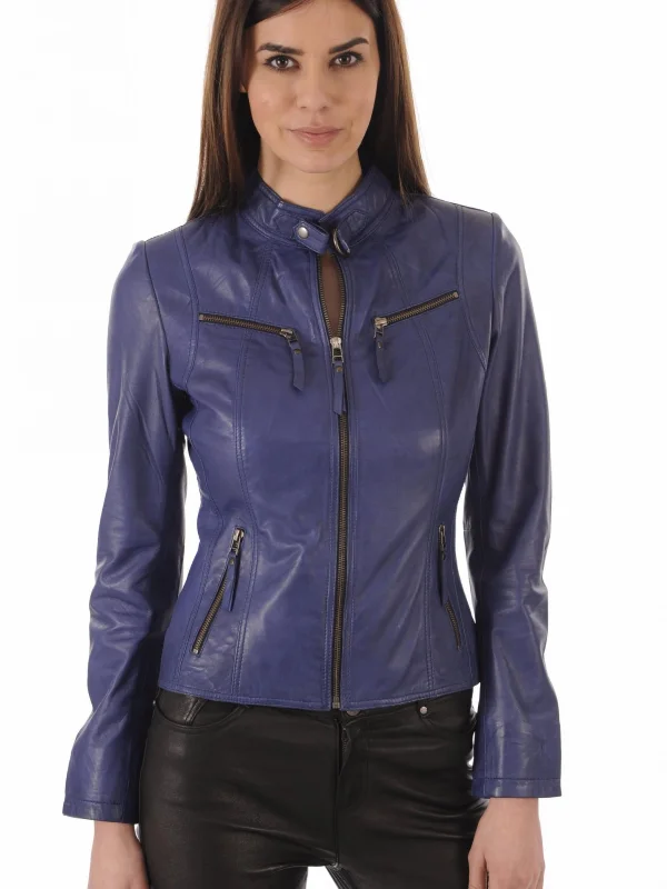 Blue Leather Biker Jacket For Women