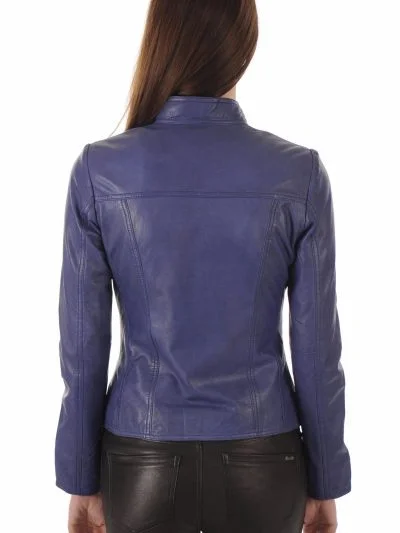 Blue Leather Biker Jacket For Women