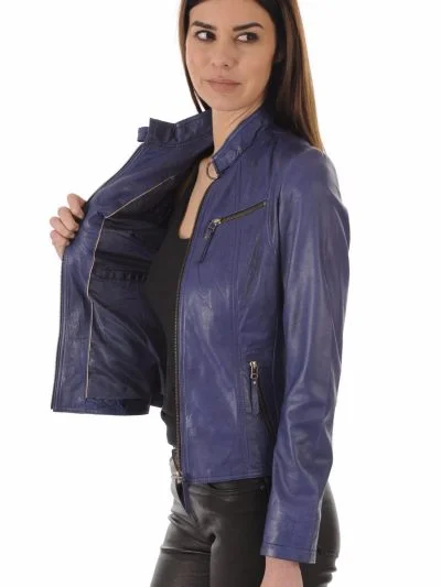 Blue Leather Biker Jacket For Women