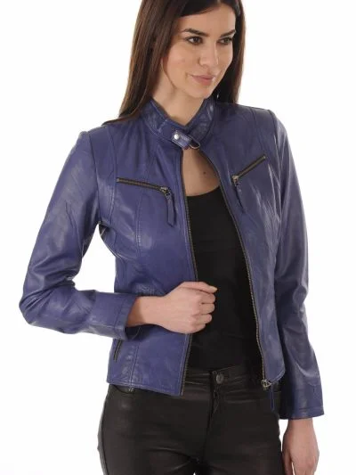 Blue Leather Biker Jacket For Women