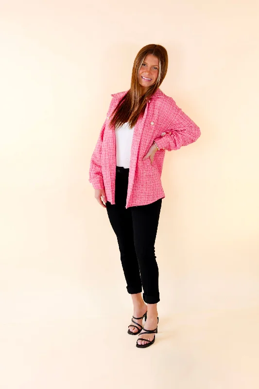 Brooklyn Buzz Pearl Button Up Tweed Shacket in Pink