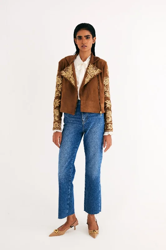 Brown Suede Embroidered Biker Jacket