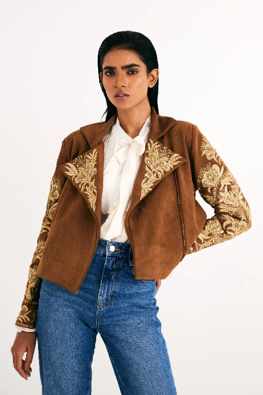 Brown Suede Embroidered Biker Jacket