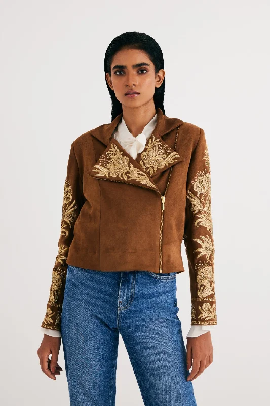 Brown Suede Embroidered Biker Jacket