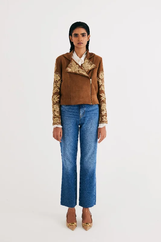 Brown Suede Embroidered Biker Jacket