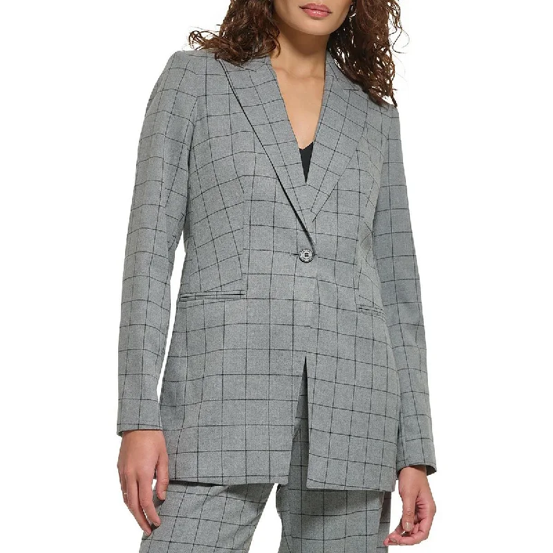 Calvin Klein Womens Woven Window Pane One-Button Blazer