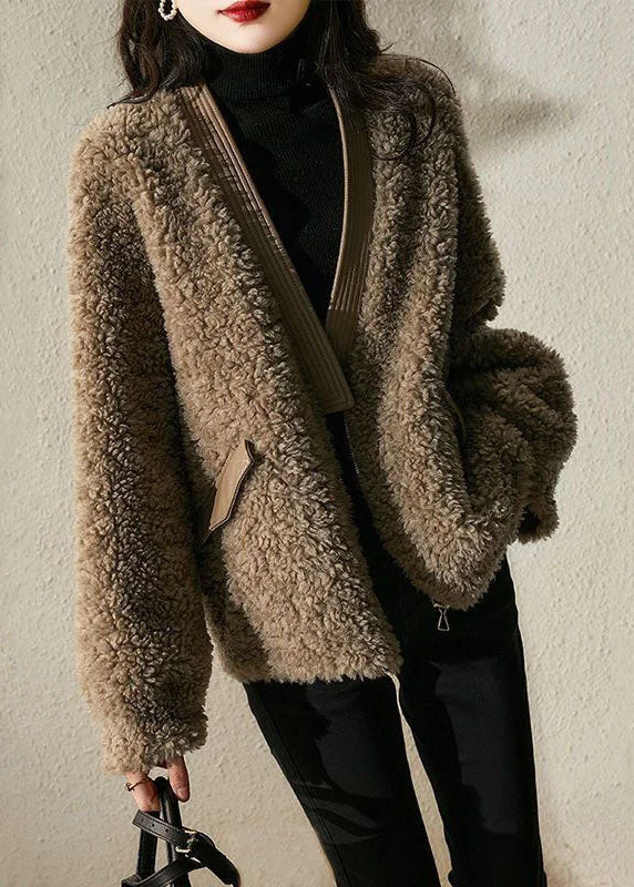 Casual Coffee V Neck Patchwork Tedd Faux Fur Coats Winter