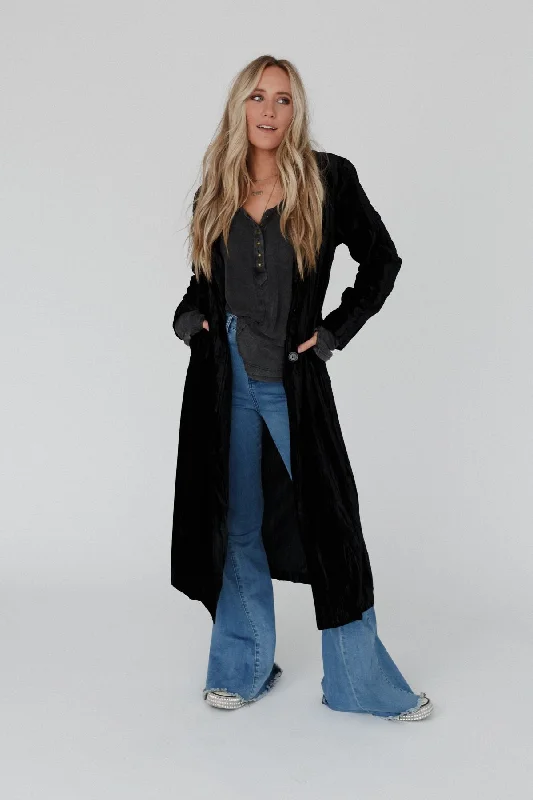 City Walks Velvet Duster Coat - Black