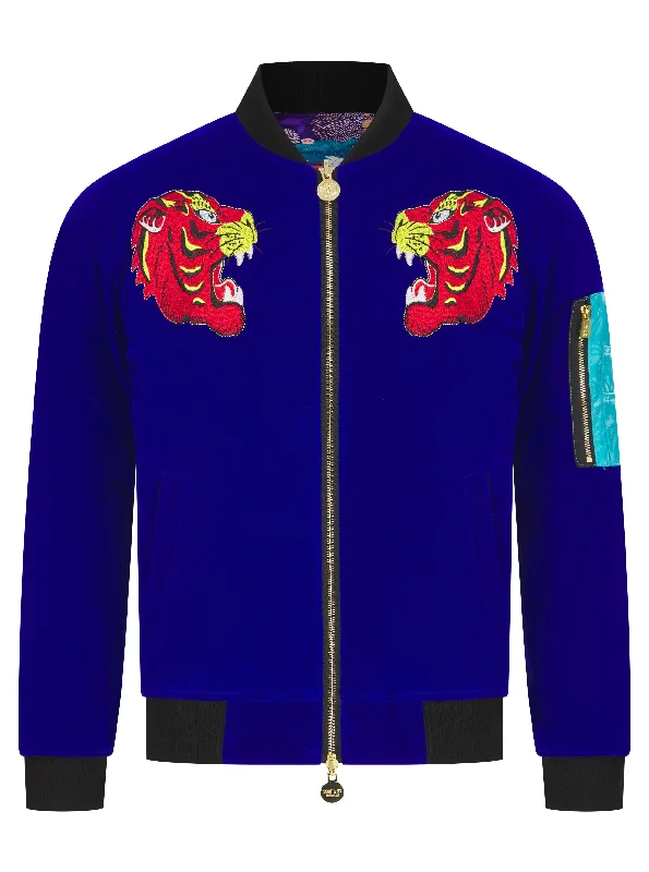 Soot and Ty Electric Blue Velvet Reversible Tiger Sukajan Bomber Jacket