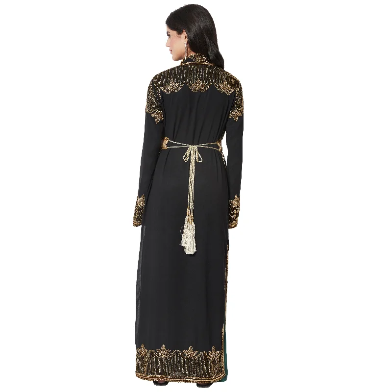 Embroidered Long Cardigan with Golden Hand Work Dress