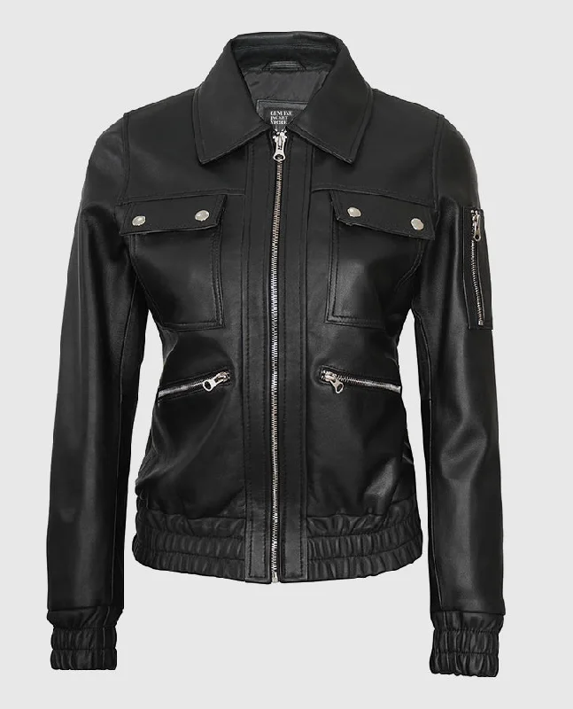 Evelyn Women's Classic Black Leather Bomber Jacket