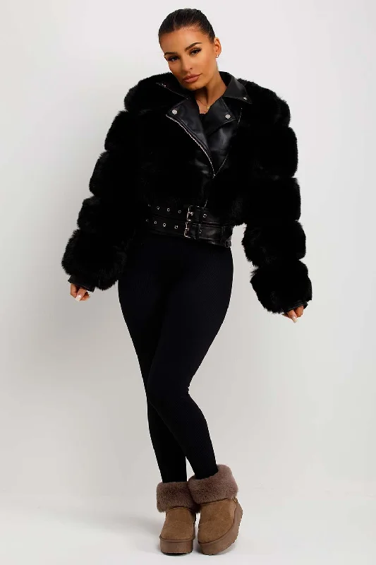 Faux Fur Faux Leather Aviator Jacket With Belt Black