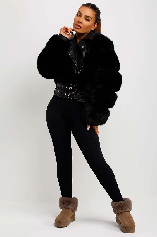 Faux Fur Faux Leather Aviator Jacket With Belt Black