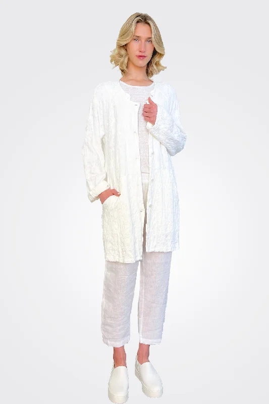 Floral Cotton Linen Jacquard Knitted Mid Jacket - White