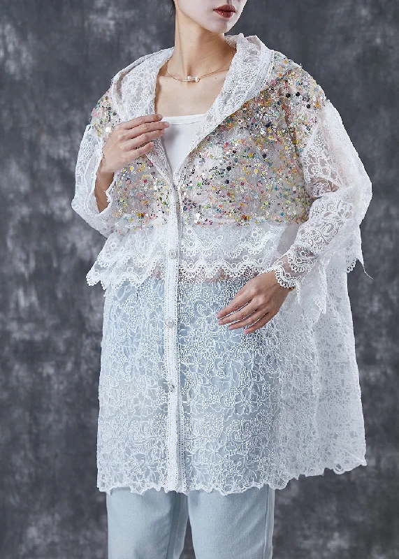 French White Sequins Hollow Out Lace Jackets Spring