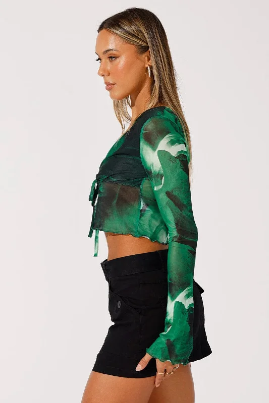 Green Abstract Tie up Cardigan Long Sleeve