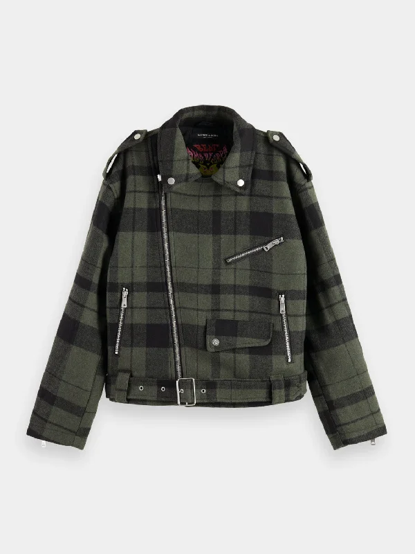 Green check biker jacket