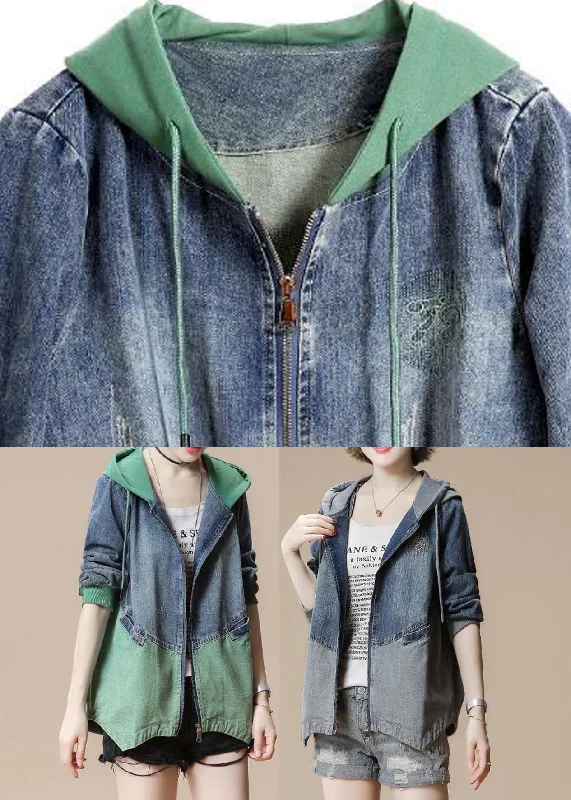 Green Drawstring Pockets Hoodie Denim Coat Long Sleeve