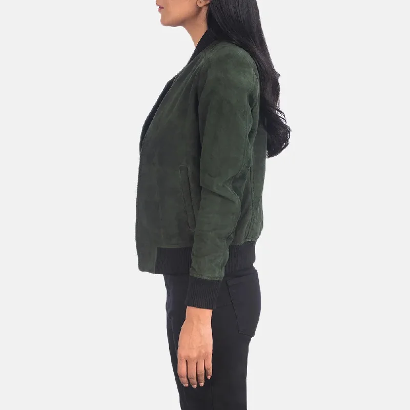 Green Suede Jacket Women - Zipper with Wind Flap